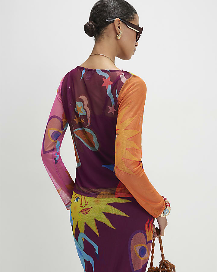 Brown Sun Print Mesh Long Sleeved Top