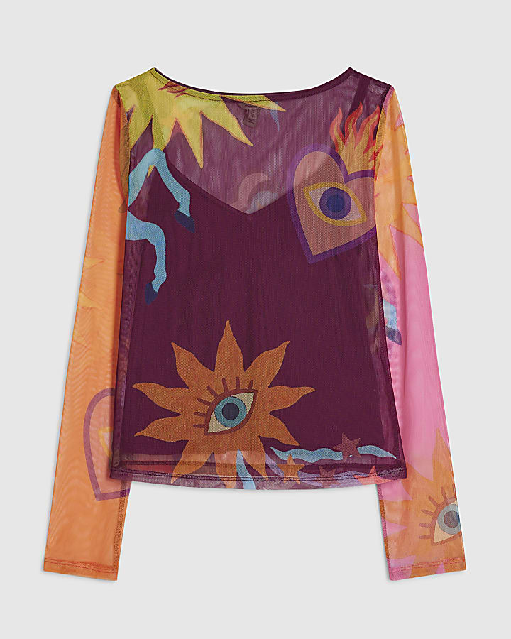 Brown Sun Print Mesh Long Sleeved Top