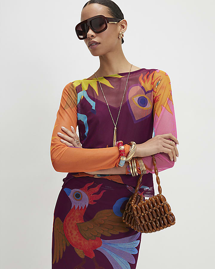 Brown Sun Print Mesh Long Sleeved Top