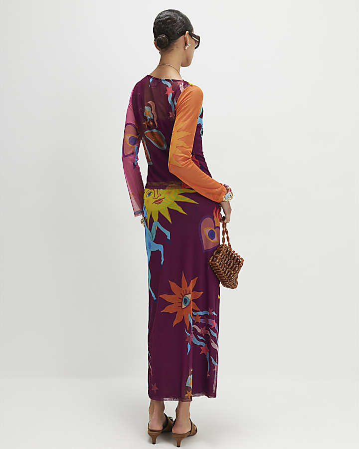 Brown Sun Print Mesh Maxi Skirt