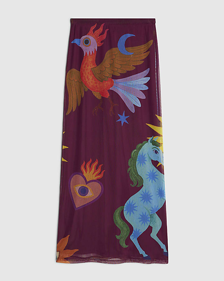 Brown Sun Print Mesh Maxi Skirt