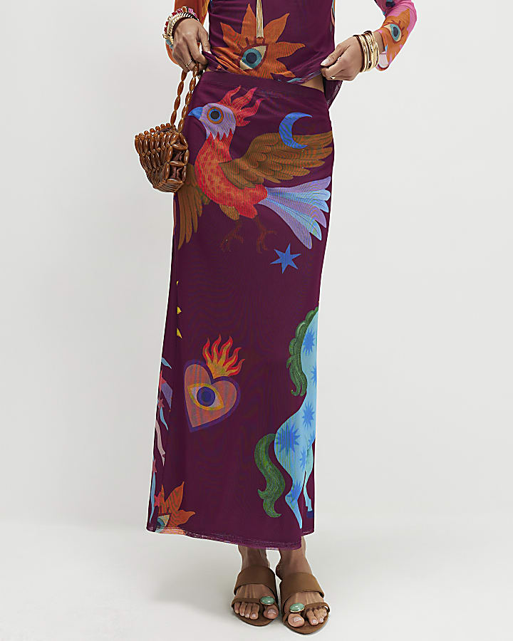Brown Sun Print Mesh Maxi Skirt