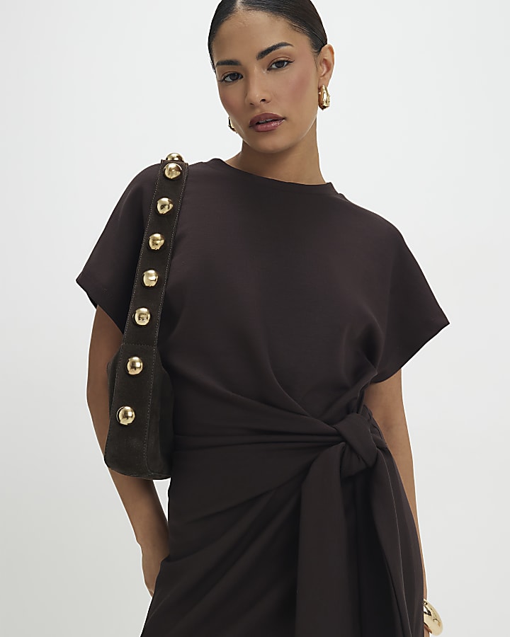 Petite Brown Premium Knot Midi Dress