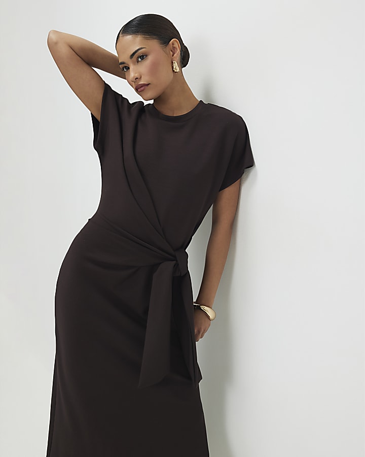 Petite Brown Premium Knot Midi Dress