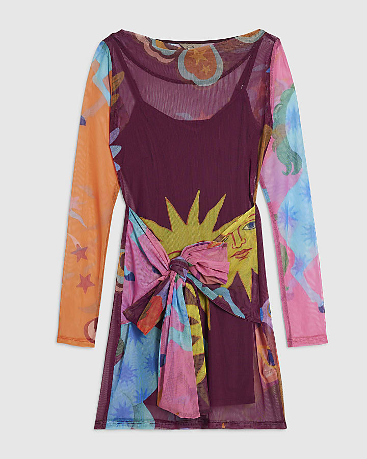 Brown Sun Print Mesh Long Sleeve Mini Dress