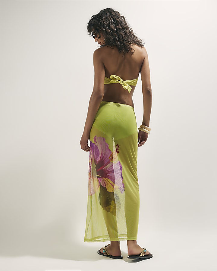 Green Hibiscus Print Maxi Skirt