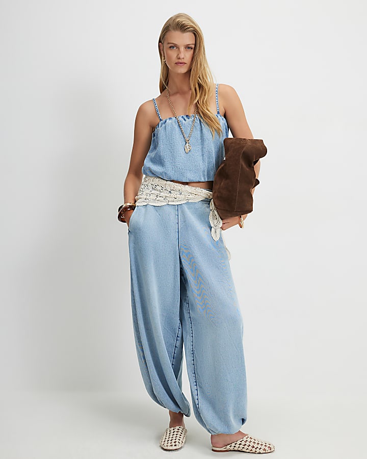 Blue Bubble Hem Denim Top