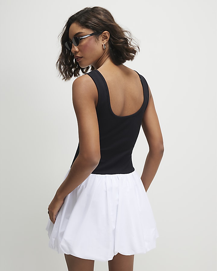 Black Sleeveless Floral Diamante Trim Dress