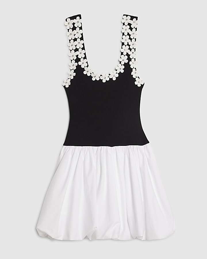 Black Sleeveless Floral Bubble Hem Mini Dress