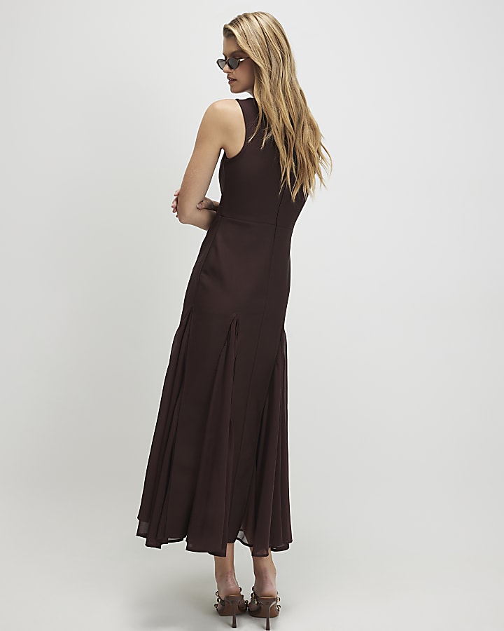 Brown Sleeveless Hybrid Midi Dress
