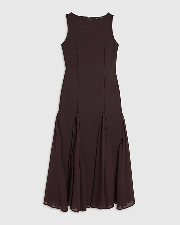 Brown Sleeveless Hybrid Midi Dress