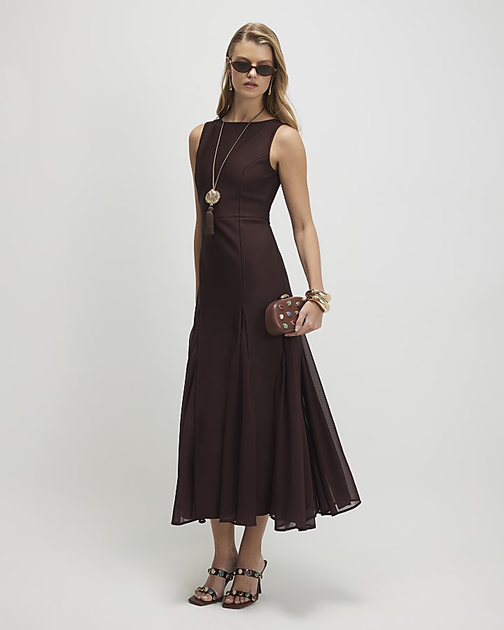 Brown Sleeveless Hybrid Midi Dress