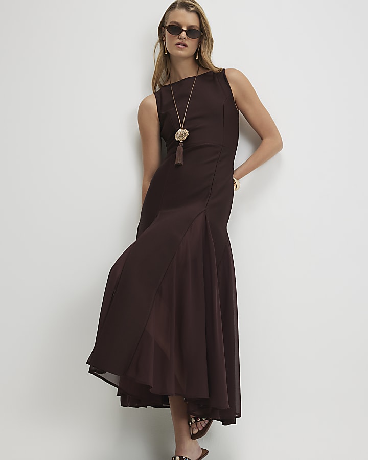 Brown Sleeveless Hybrid Midi Dress