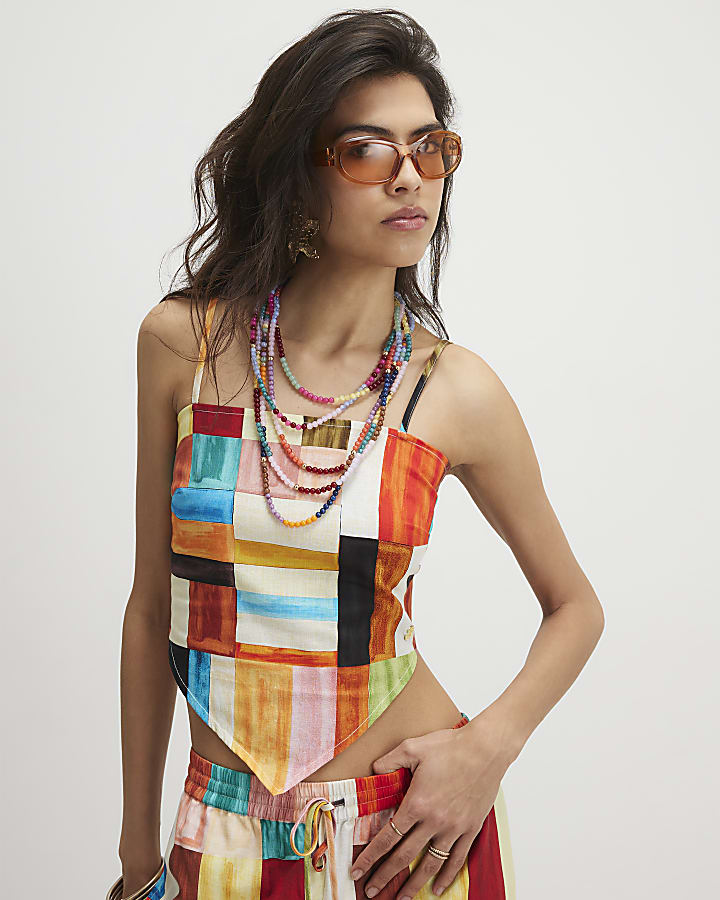 Orange Linen Blend Check Print Scarf Top