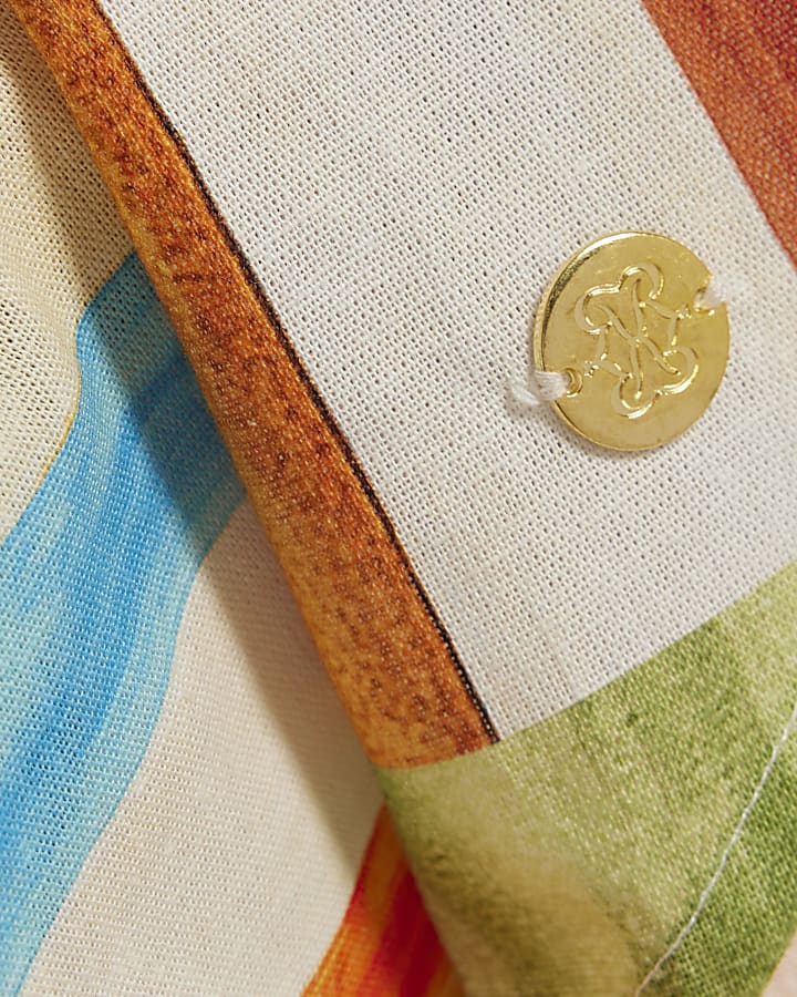Orange Linen Blend Check Print Scarf Top