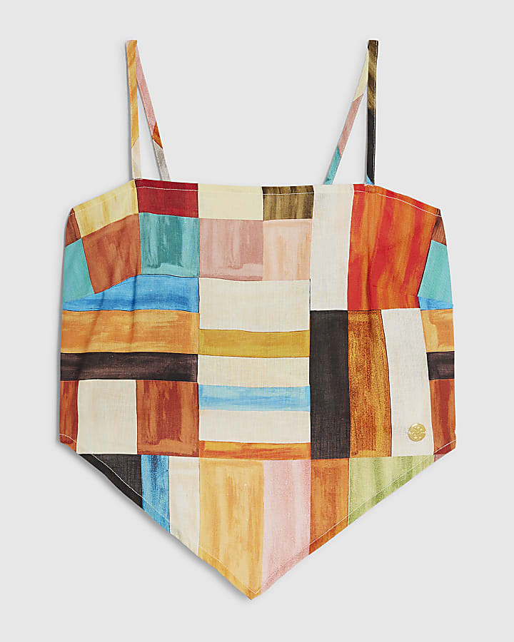 Orange Linen Blend Check Print Scarf Top