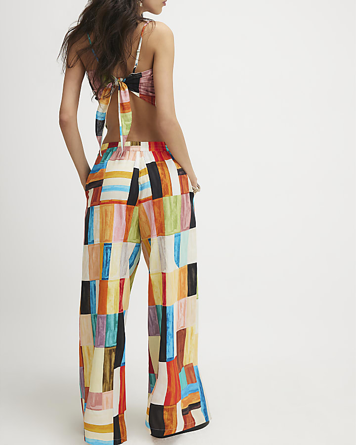 Orange Cotton Check Print Wide Leg Trousers