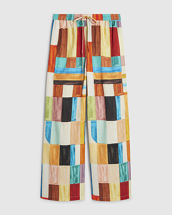 Orange Cotton Check Print Wide Leg Trousers
