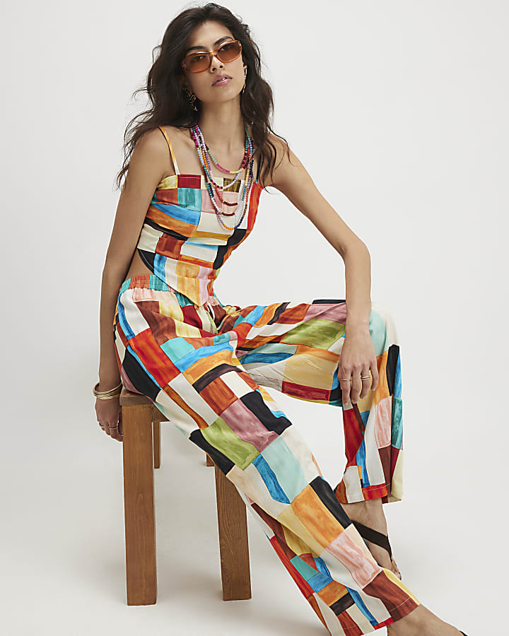 Orange Cotton Check Print Wide Leg Trousers