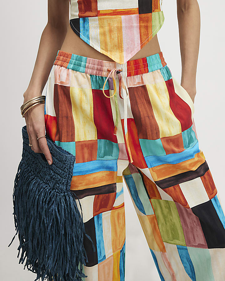 Orange Cotton Check Print Wide Leg Trousers