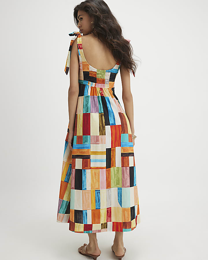 Orange Cotton Painted Check Maxi Dress