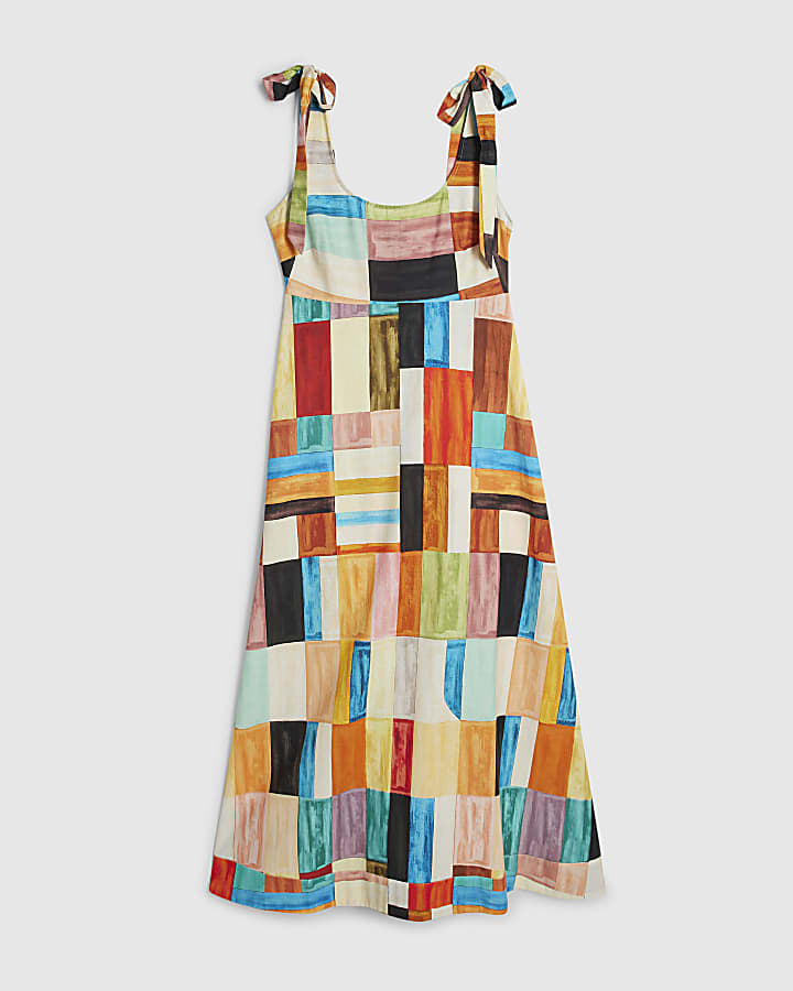 Orange Cotton Painted Check Maxi Dress