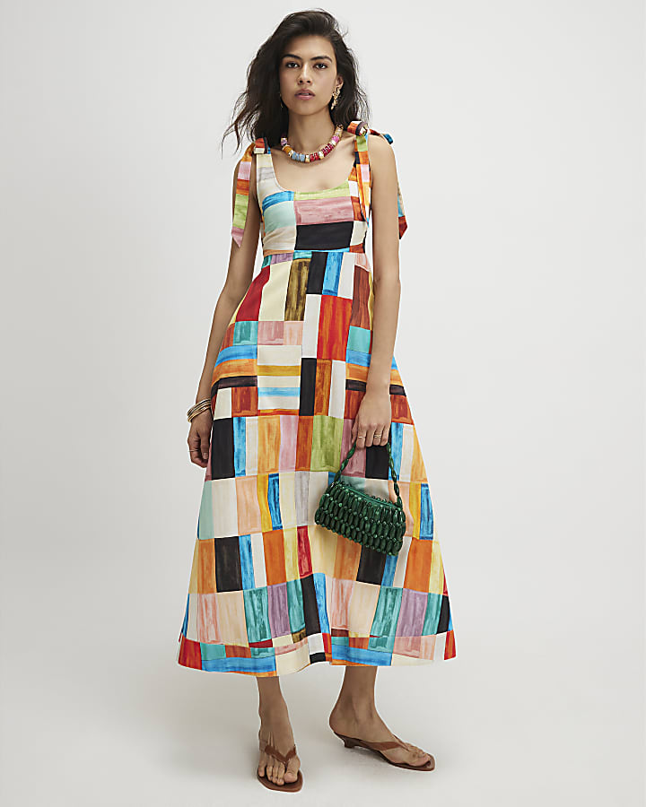 Orange Cotton Painted Check Maxi Dress