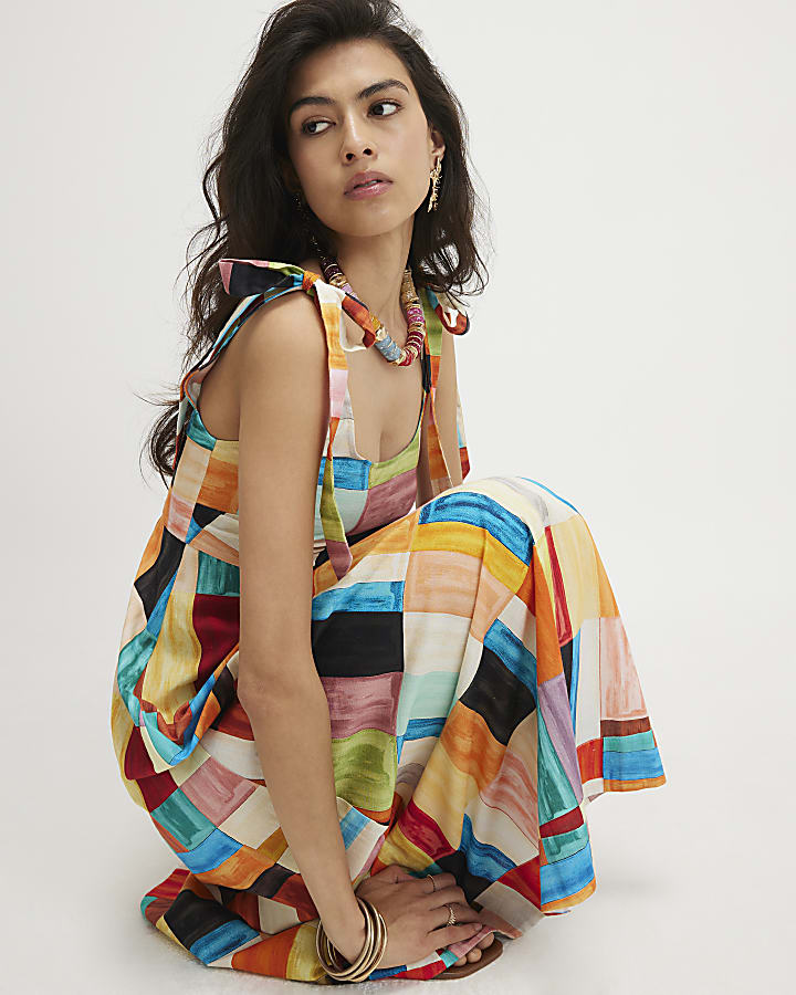 Orange Cotton Painted Check Maxi Dress