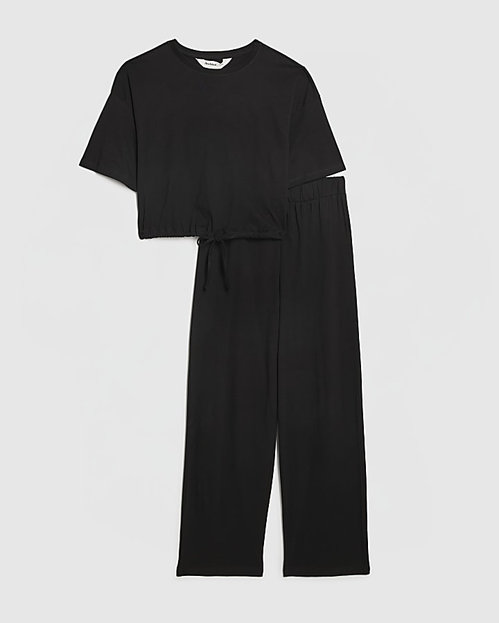 Black Bubble Hem Jersey Loungewear Set