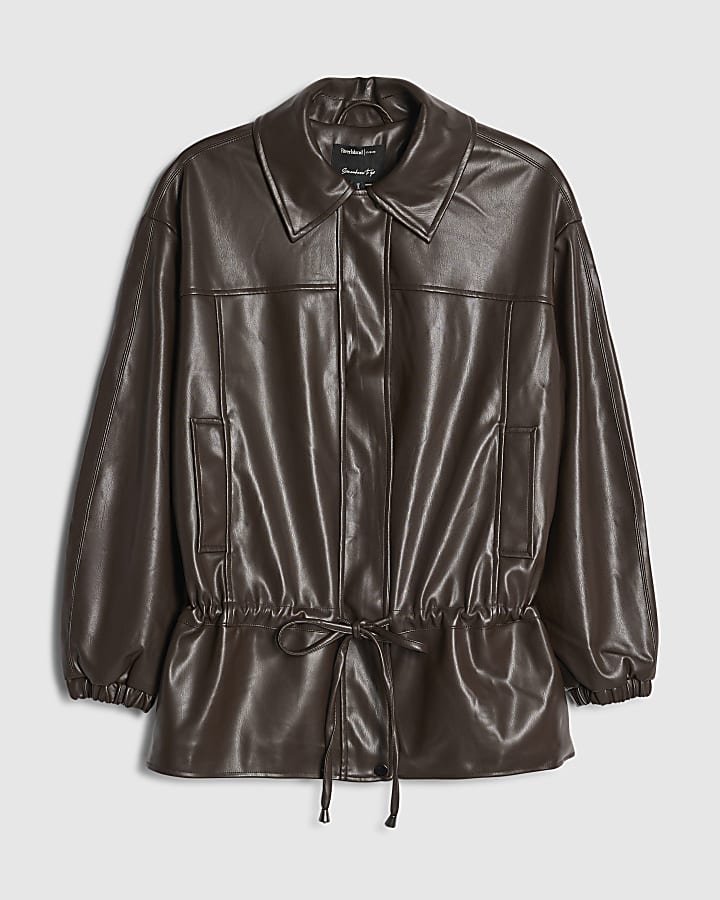Brown Drop Hem Drawstring Funnel Neck Jacket