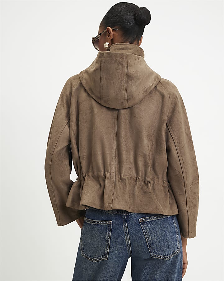 Khaki Drawstring Hem Faux Suede Hooded Jacket