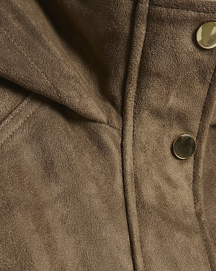 Khaki Drawstring Hem Faux Suede Hooded Jacket
