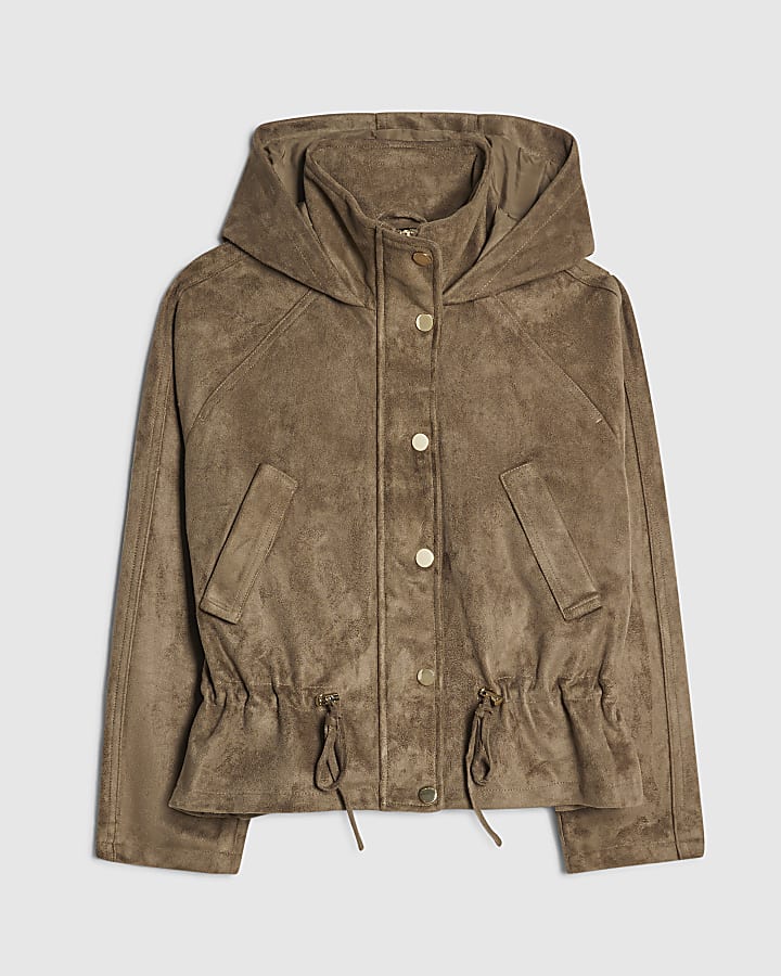Khaki Drawstring Hem Faux Suede Hooded Jacket