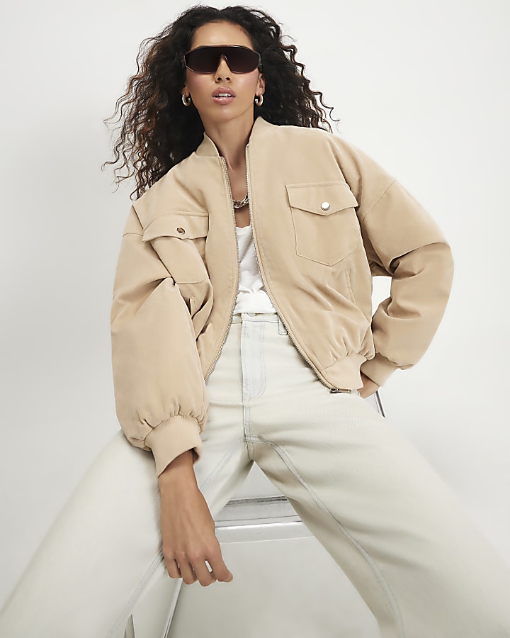 Cream Faux Suede Classic Bomber Jacket