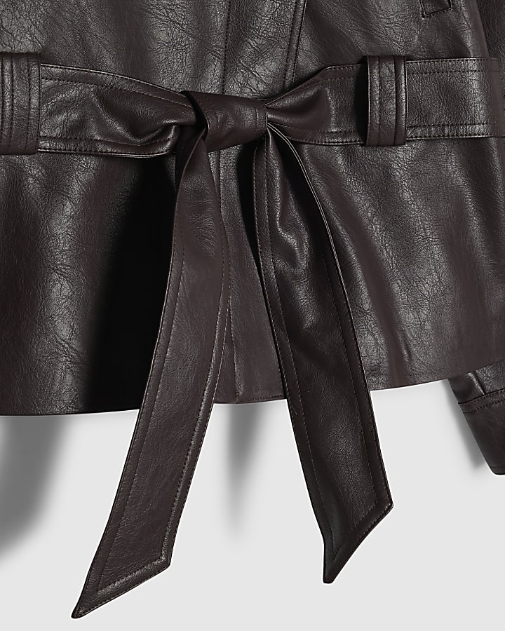 Burgundy Faux Leather Belted Biker Jacket