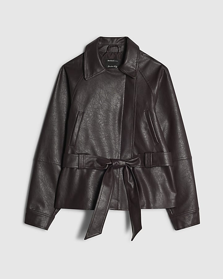 Burgundy Faux Leather Belted Biker Jacket