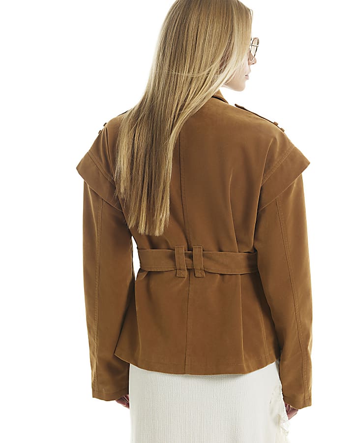 Brown Faux Suede Belted Jacket
