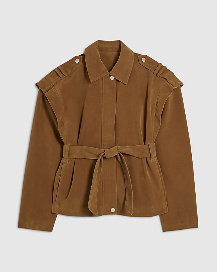Brown Faux Suede Belted Jacket