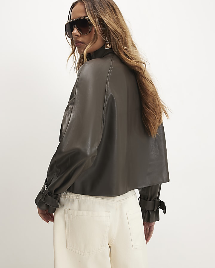 Grey Funnel Neck Cropped Trench Coat