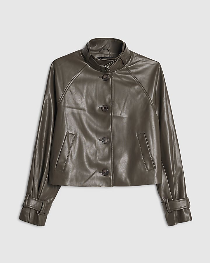 Grey Funnel Neck Cropped Trench Coat