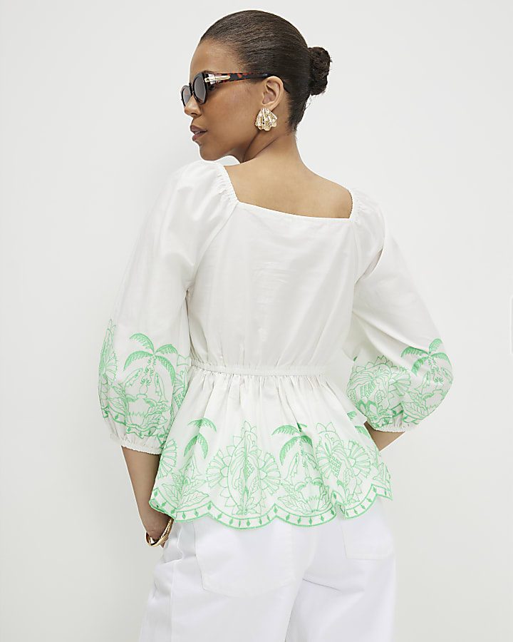White Cotton Embroidered Hem Blouse