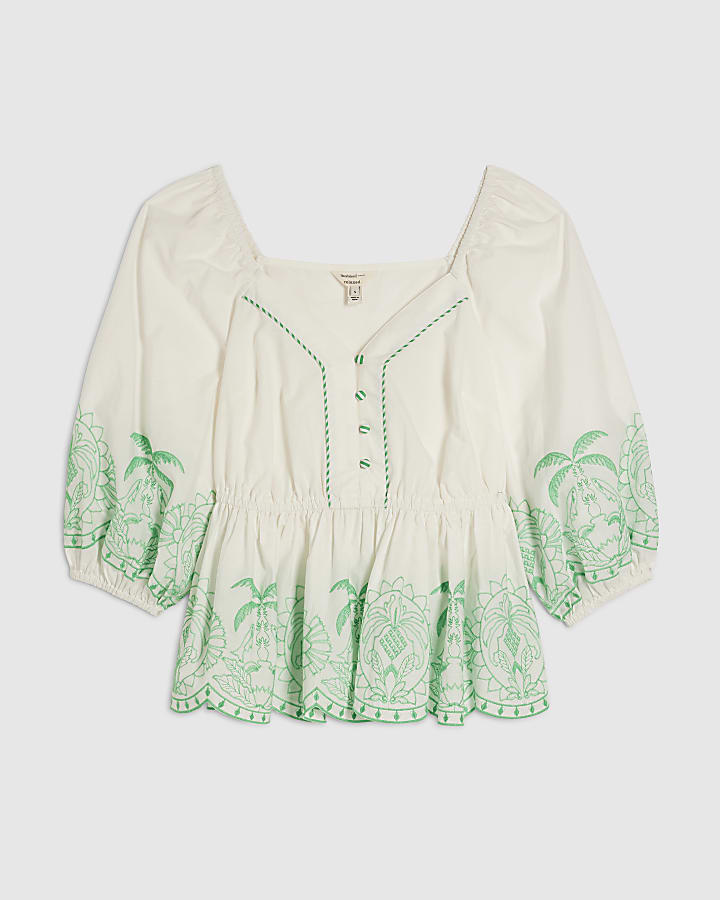 White Cotton Embroidered Hem Blouse