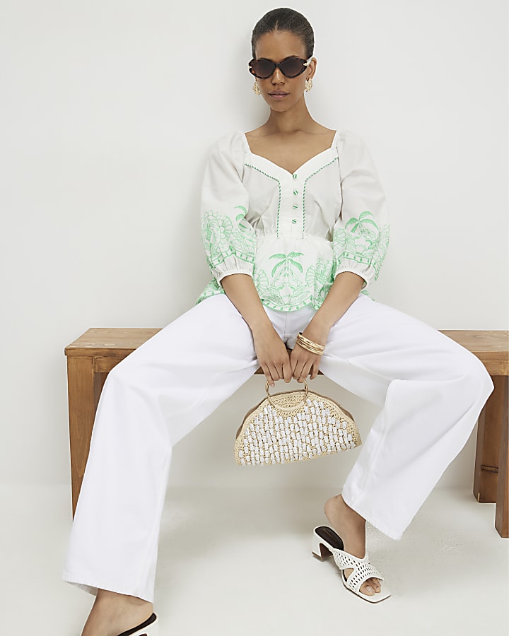 White Cotton Embroidered Hem Blouse