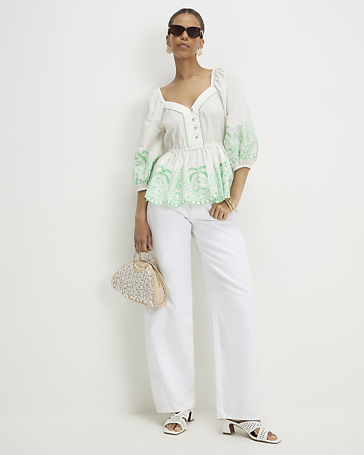 White Cotton Embroidered Hem Blouse