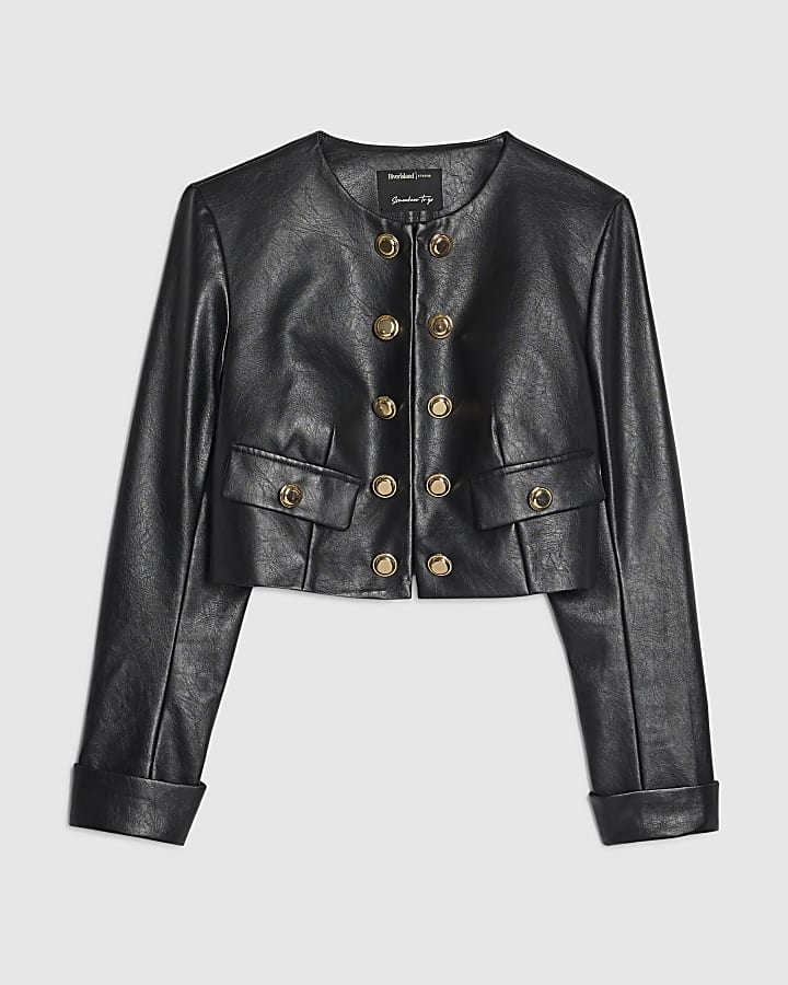 Black Crest Button Collarless Jacket