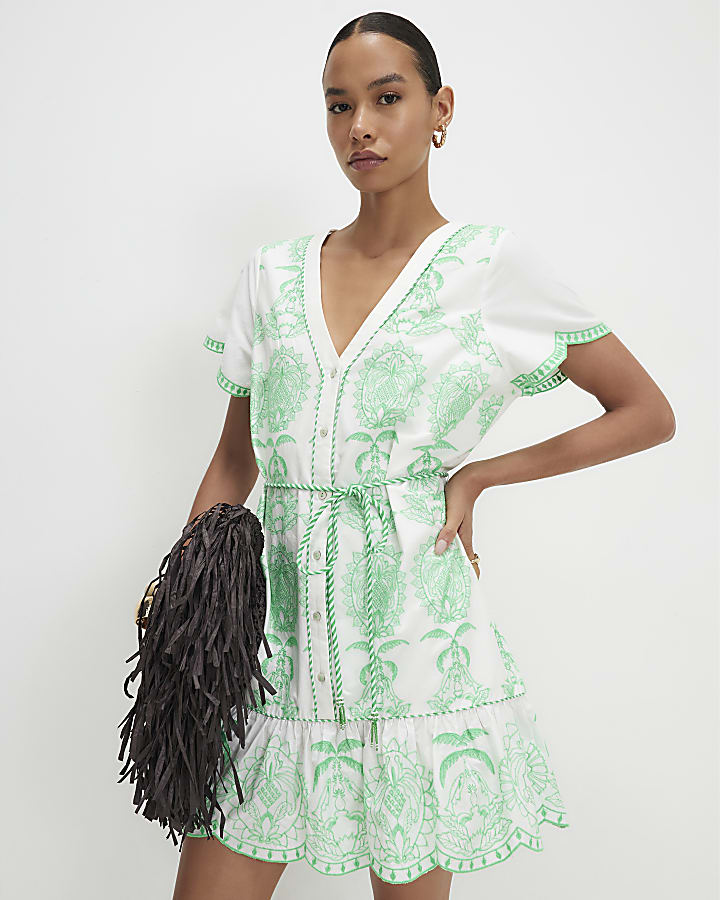 White Cotton Embroidered Mini Dress