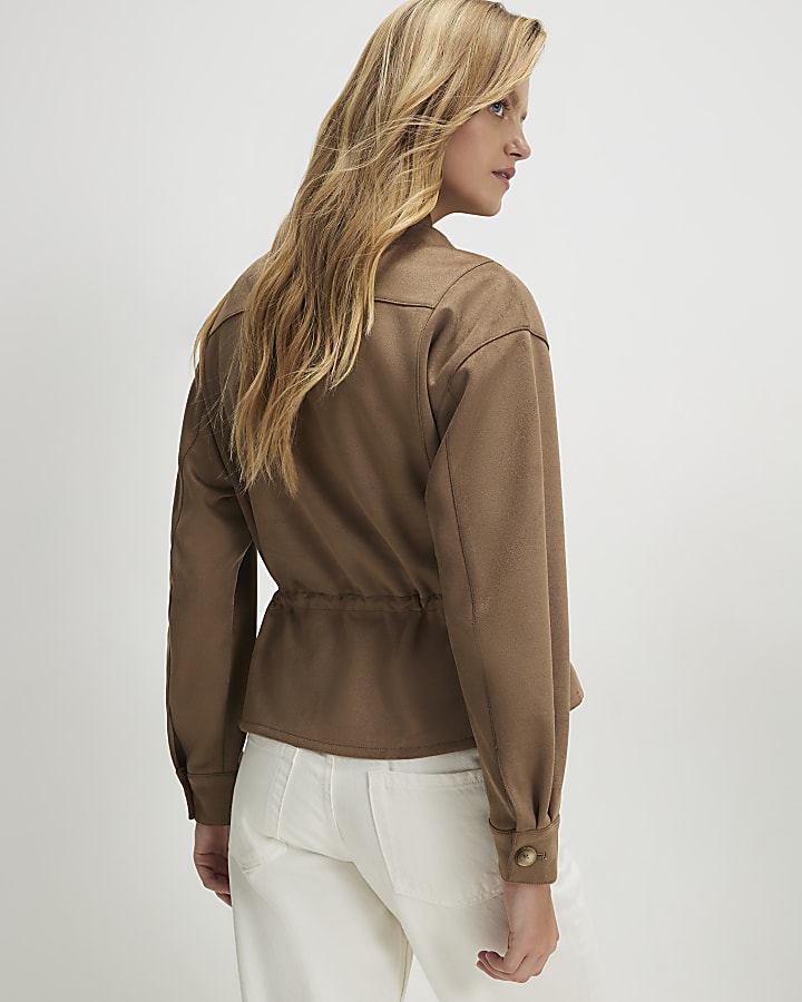 Brown Faux Suede Drawstring Overshirt