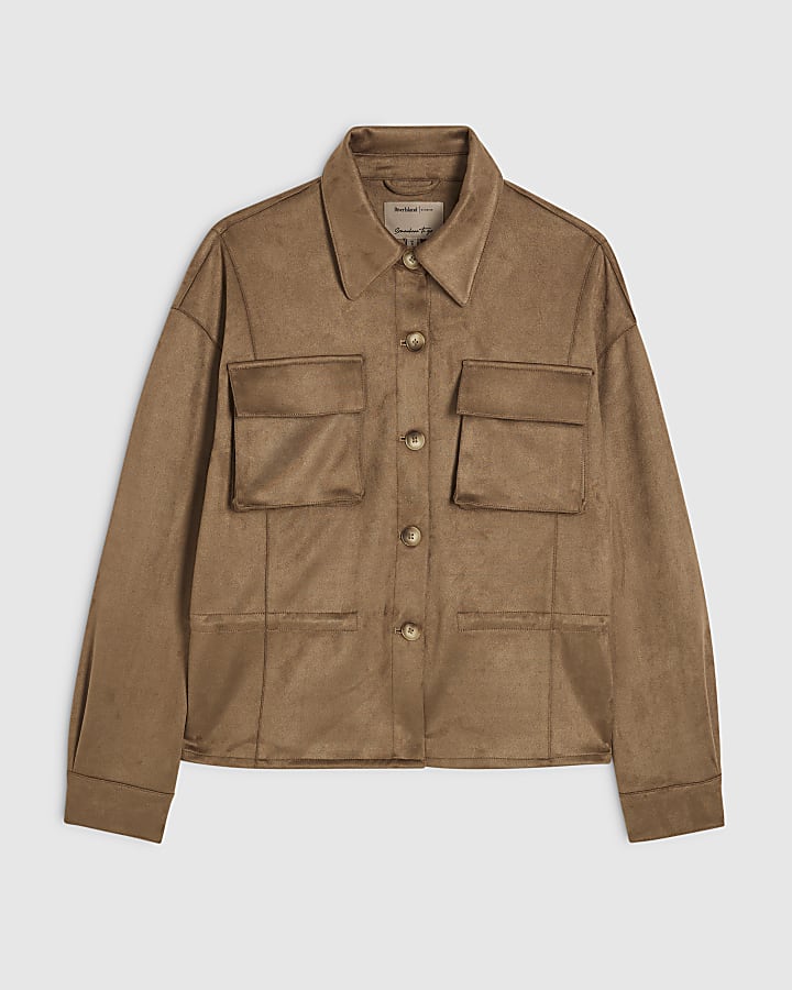 Brown Faux Suede Drawstring Overshirt