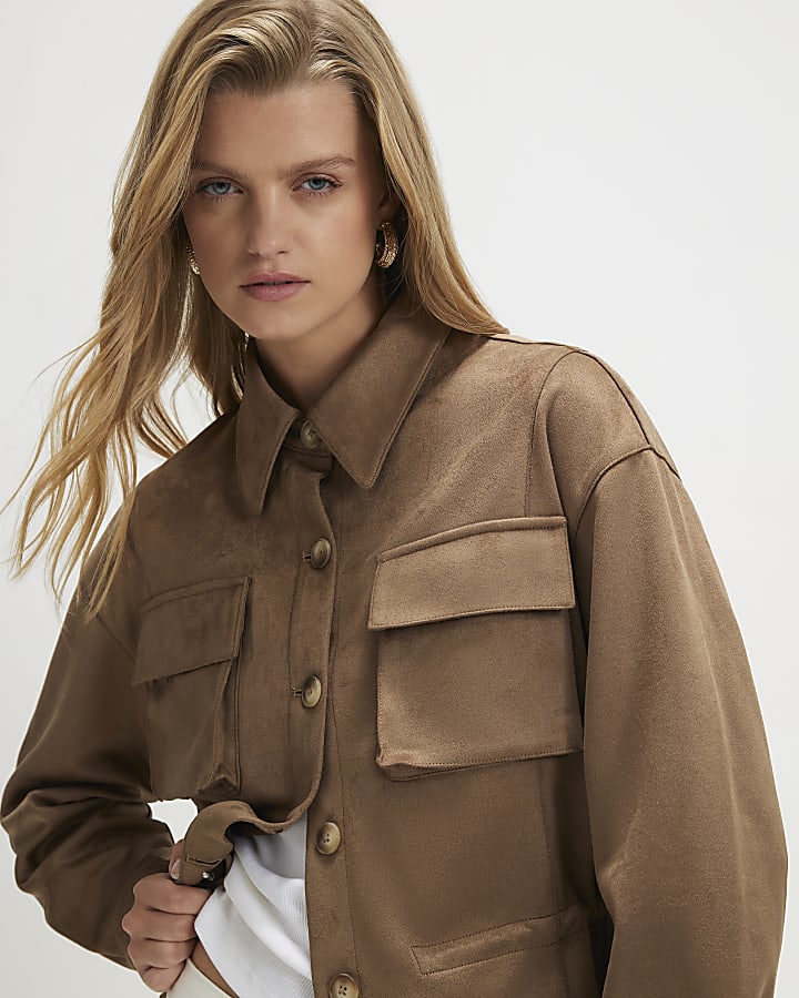 Brown Faux Suede Drawstring Overshirt