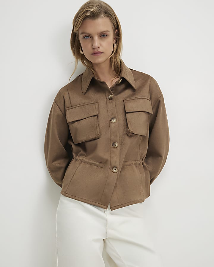 Brown Faux Suede Drawstring Overshirt